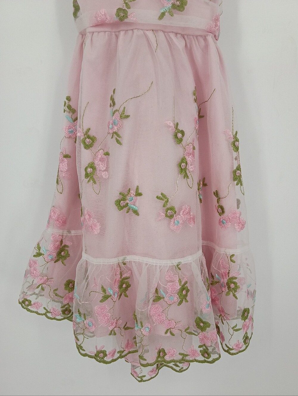 Coqutte Style Pink Floral Embroidered Mini Dress with Strappy Back Romantic Bow - Picture 4 of 7